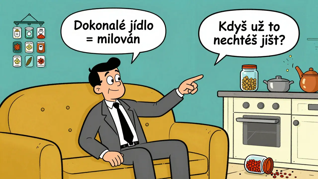 Muž v kuchyni s perfektně uspořádanými kořením, jeho partnerka ukazuje na rozlitou příchuť.