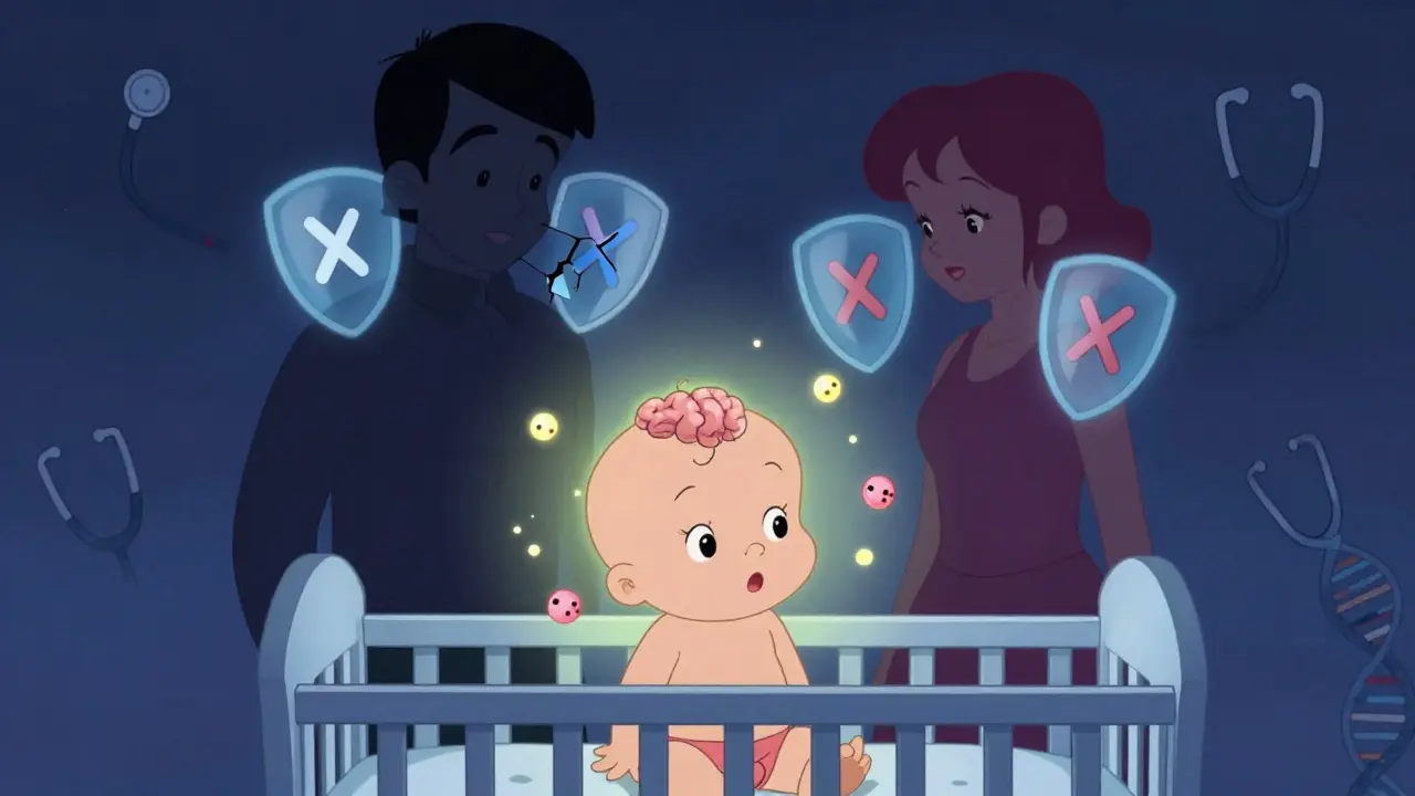 Novorozence v kočárku s ochrannými štíty kolem mozku, symbolizující rozdílnou genetickou odolnost mezi chlapci a dívkami.