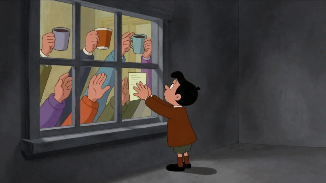 Osamělý člověk u okna je obklopen rukama, které mu nabízejí podporu zvenčí.