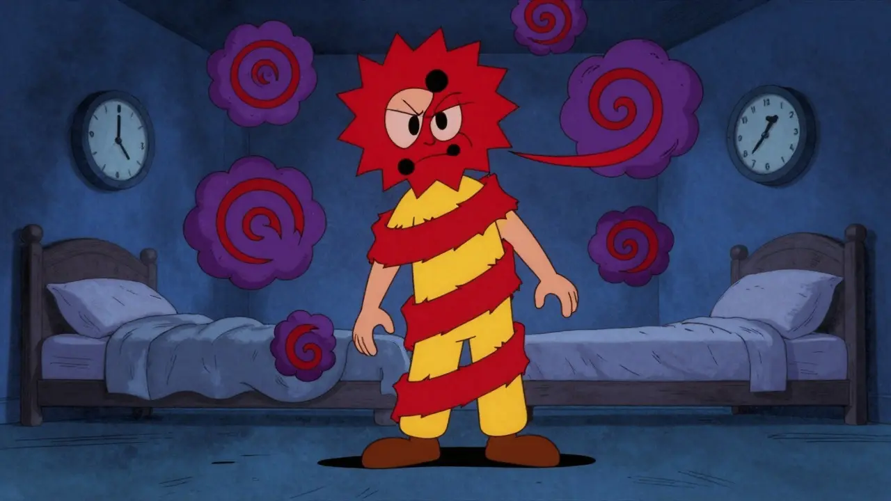 Osoba obklopená spirálami úzkosti, s hodinami ukazujícími 3 hodiny a neuspořádanou postelí.