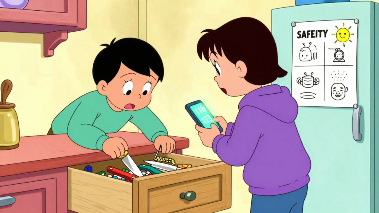 Osoba odstraňuje nebezpečné předměty z kuchyně, přítel drží telefon s číslem Linky důvěry.