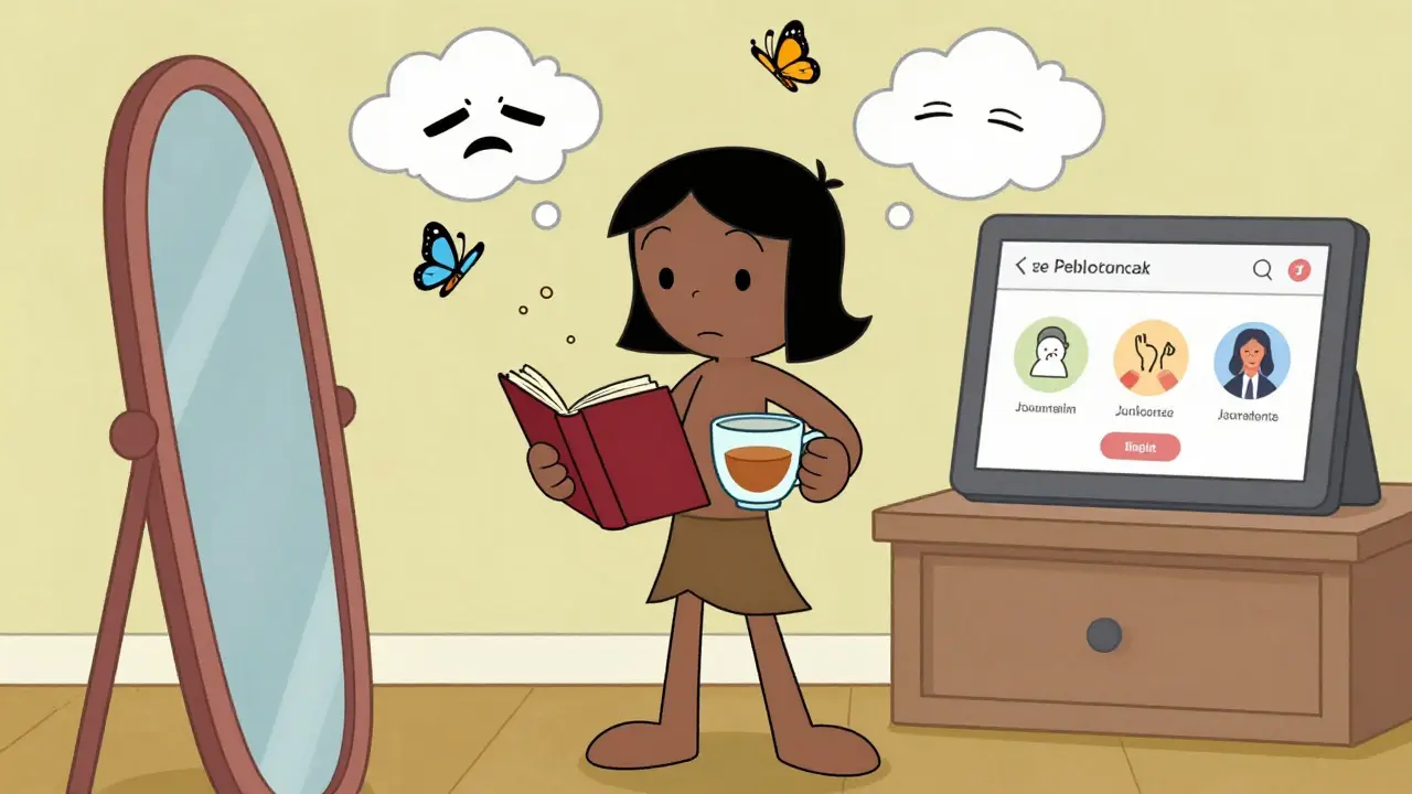 Osoba před zrcadlem drží deník a čaj, špatné city se mění v motýly, na tabletu je digitální terapie.