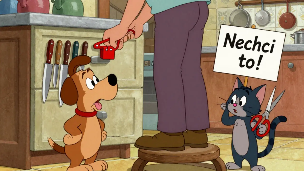 Osoba připevňuje bezpečnostní zámek na kuchyňský šuplík s noži.