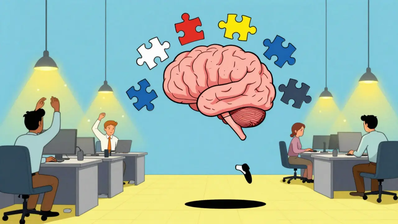 Osoba s detailním mozkiem v klidné kanceláři, kde kolegové upravují prostředí.