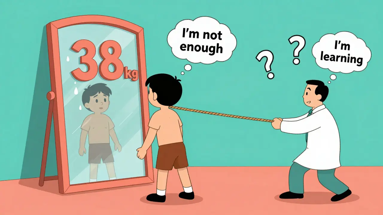 Osoba se dívá do zrcadla, které ukazuje nízkou váhu, zatímco terapeut zrcadlo odstraňuje.