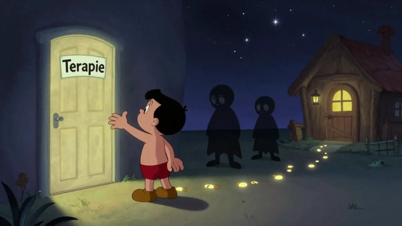 Osoba se táhne k zářícímu dveřím s nápisem 'Terapie', zatímco temné stíny za ní ustupují.