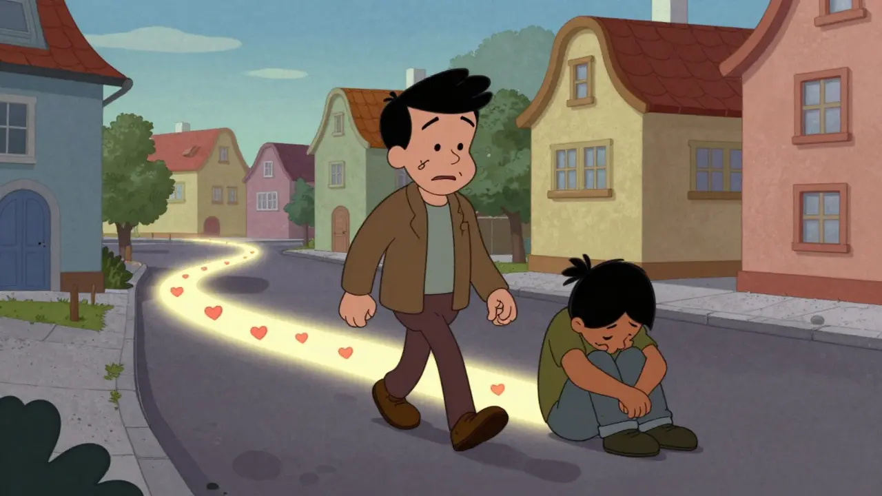 Peer podporovatel vede člověka v úzkosti ulicí Prahy, za nimi se tvoří cesta srdíček.