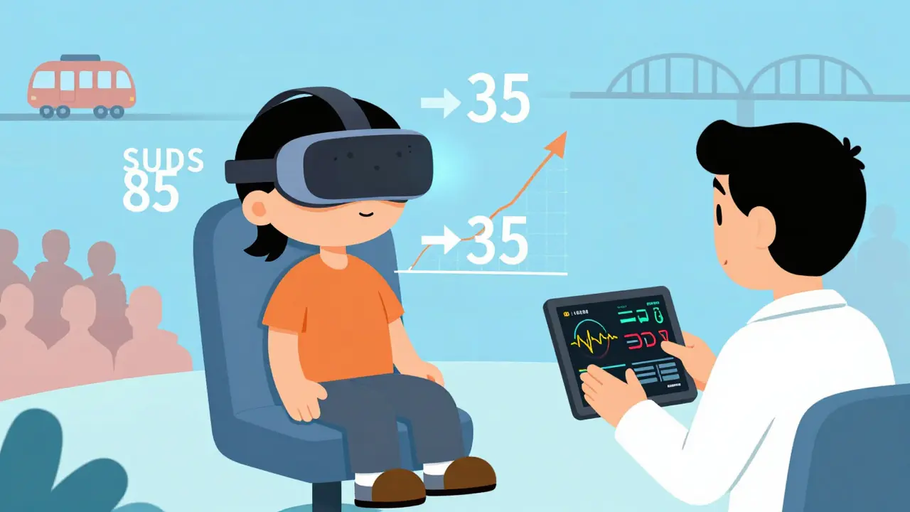 Person in VR headset with floating anxiety levels and biometric data shown on tablet.