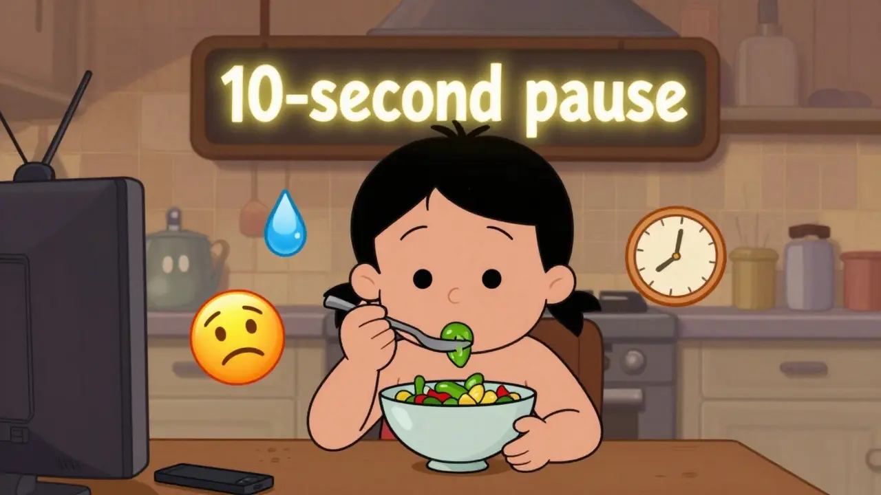 Postava klidně jí zeleninu bez telefonu nebo televize, kolem ní symboly únavy a žízně.