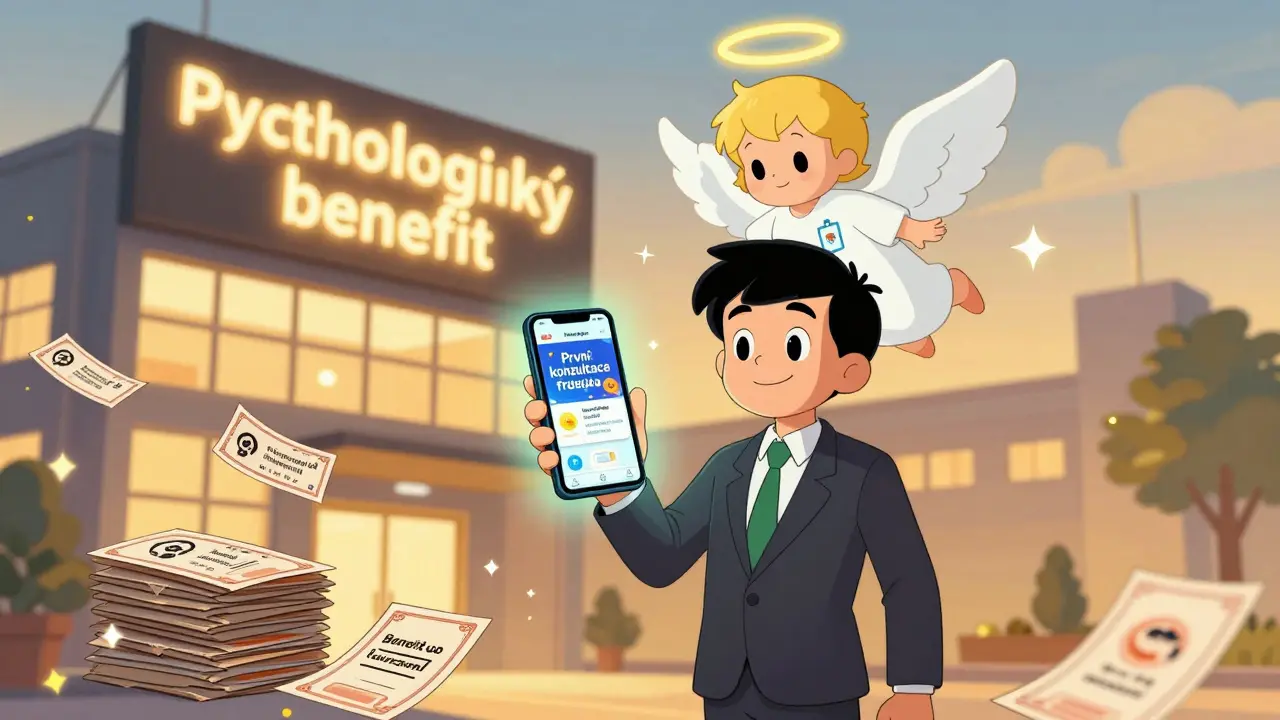 Pracovník s telefónom zobrazujúcim bezplatnú konzultáciu, nad ním je haló benefítu.