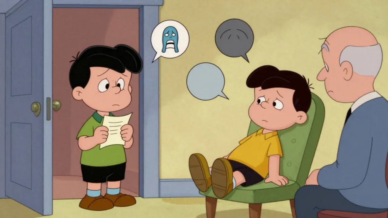 Rozdělený scénář: člověk na prahu terapie a stejný člověk později uvolněný, symbolizující přechod od strachu k úlevě.