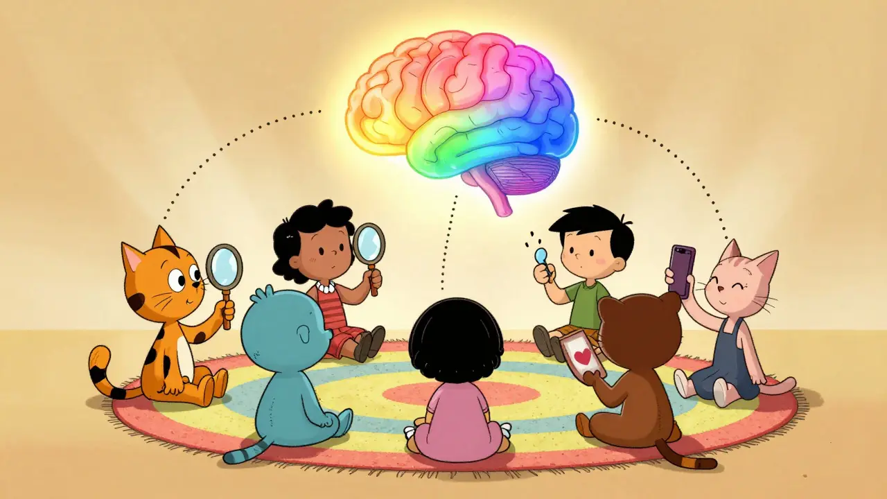 Skupina lidí trénuje DBT dovednosti společně, každý s jiným nástrojem v ruce.