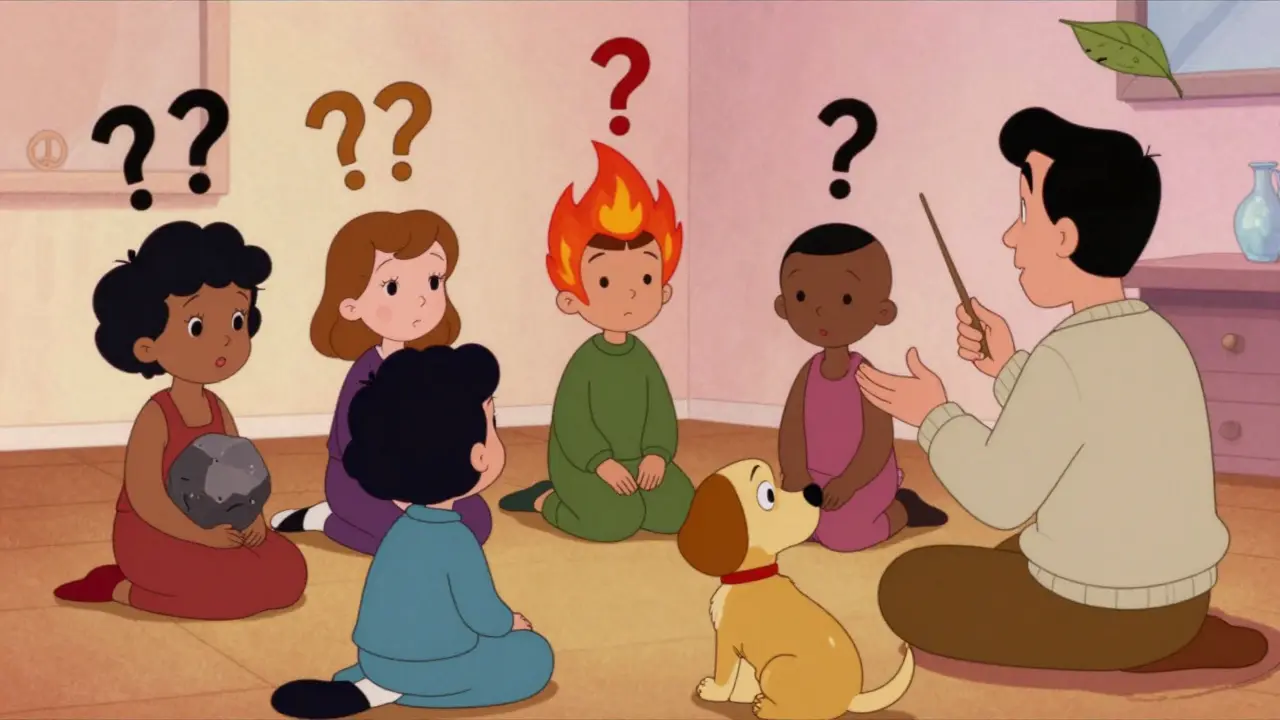 Skupina lidí v kruhu během MBRP sezení, nad hlavami mají vizuální symboly pocity.