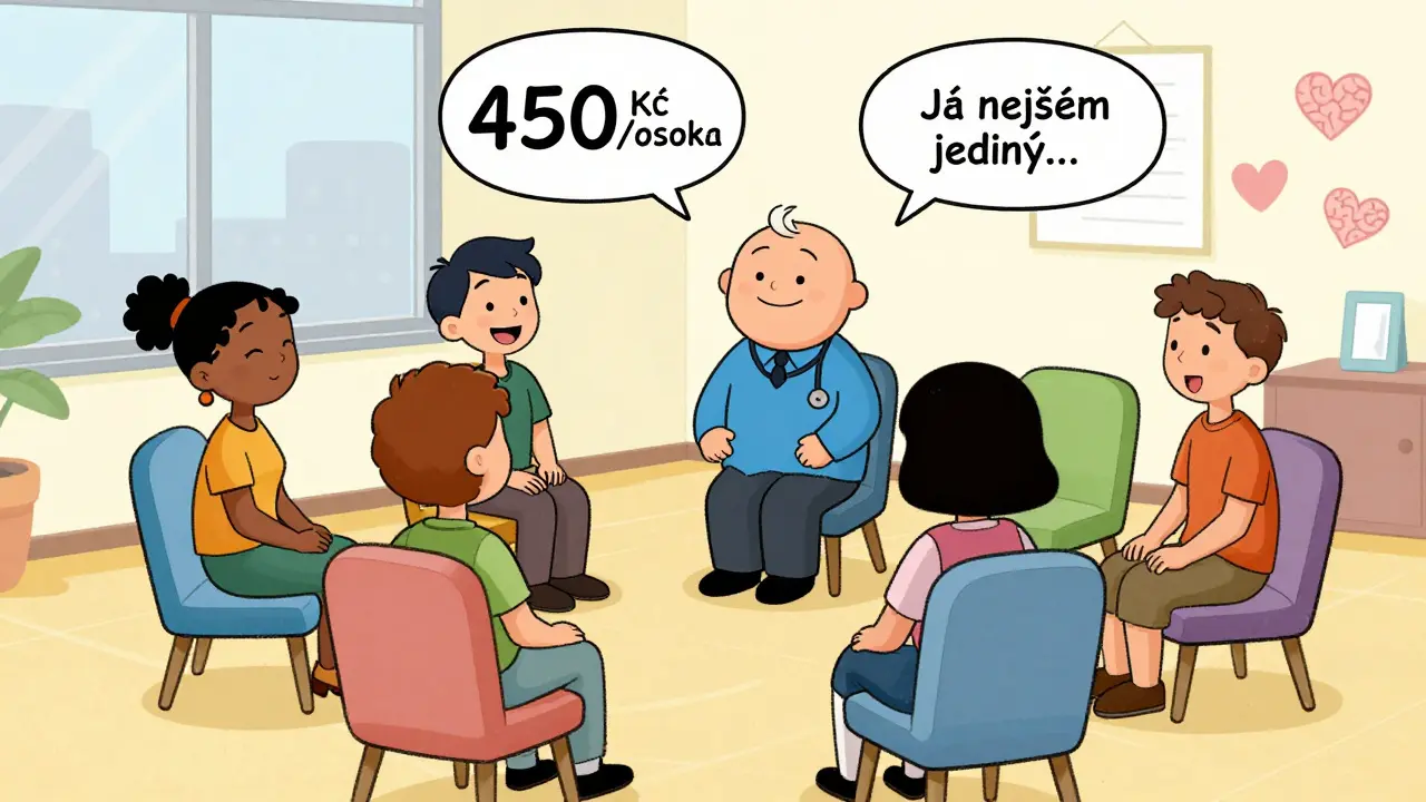 Skupina lidí v kruhu na terapii, všichni se usmívají, terapeut vede sezení.