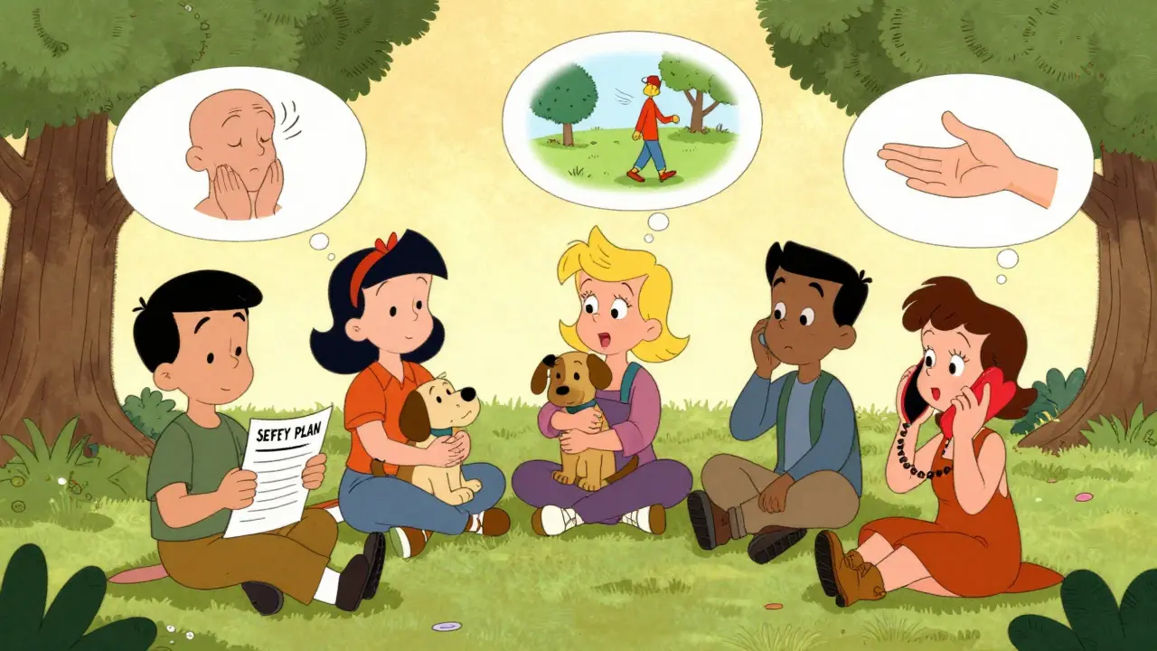 Skupina lidí v kruhu s bezpečnostním plánem a klidnými myšlenkovými bublinami pod stromem.