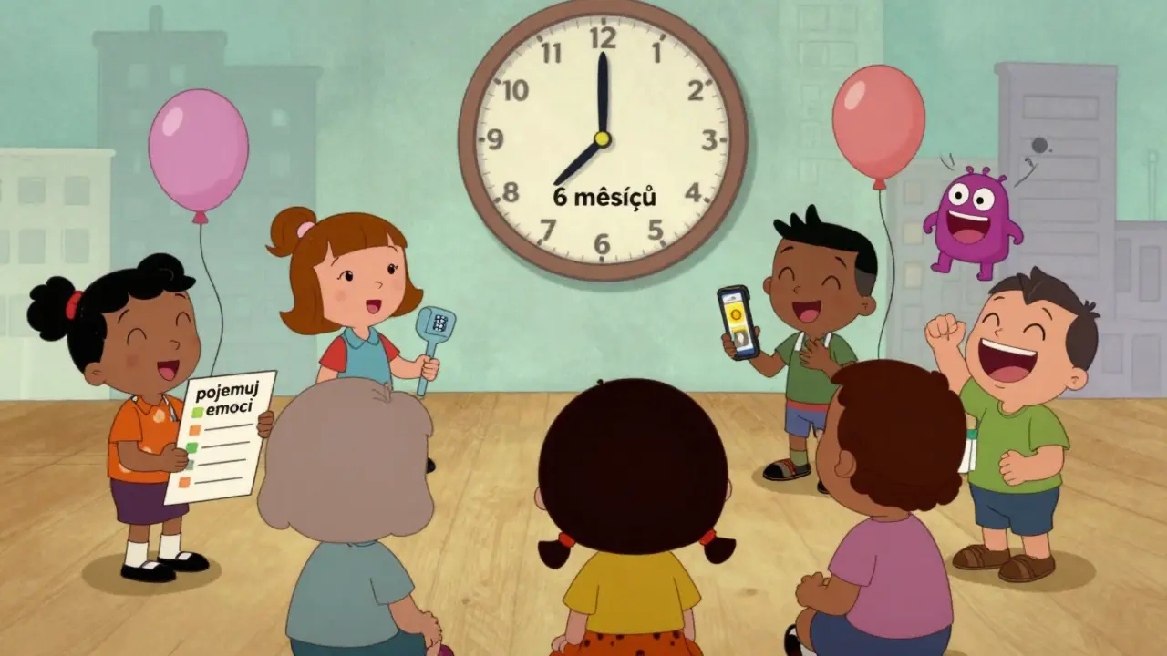 Skupina lidí v terapii drží nástroje DBT, jeden odstraňuje emoce jako monstra, teplé barvy.