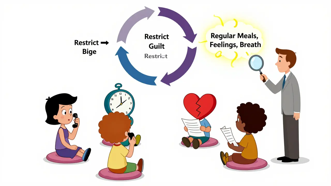 Skupina lidí v terapii, nad nimi rozbitý cyklus přejídání, terapeut ukazuje na novou cestu k zdraví.