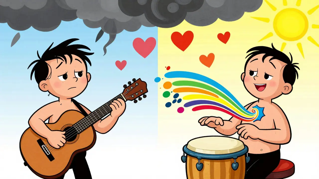 Stresovaný člověk se proměňuje v klidného, když hudební vlny přeměňují mraky na srdce a sluneční paprsky.