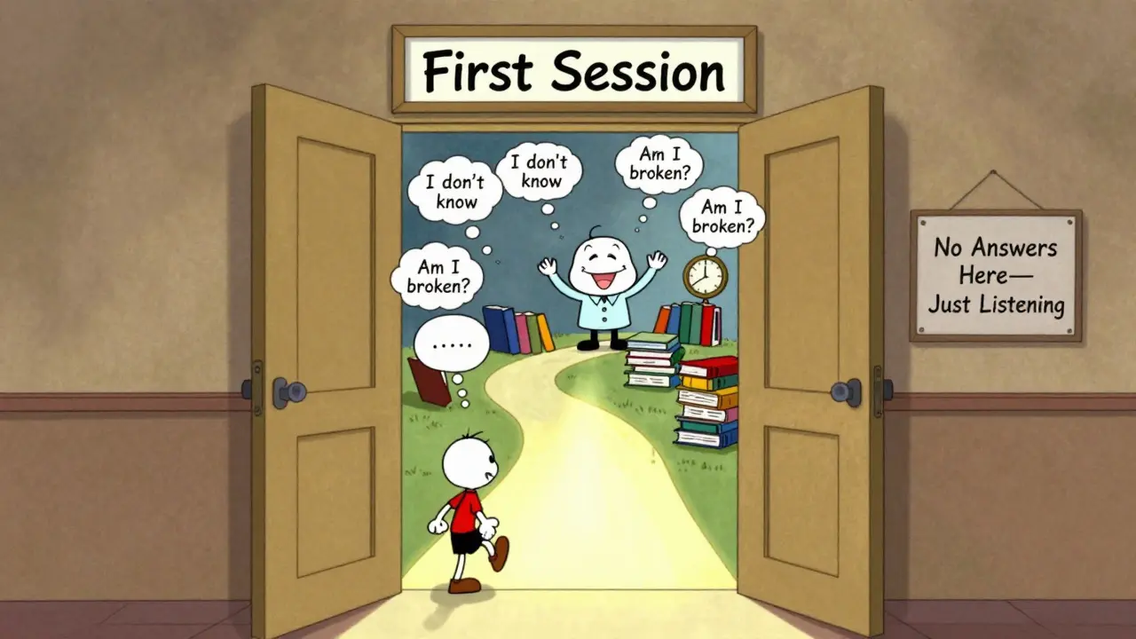 Symbolický vstup do terapie s cestou plnou myšlenek, kde člověk kročí dopředu pod vedením terapeuta.