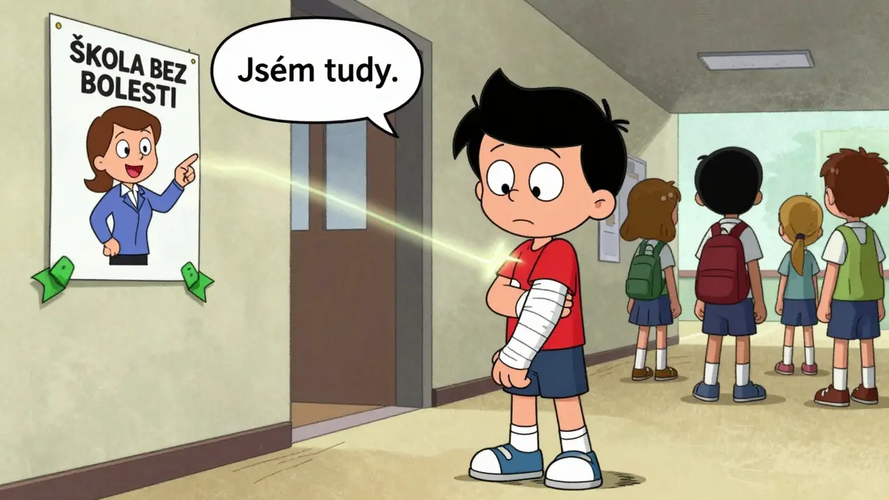 Teenage boy hiding bandaged arm in school hallway, looking at poster saying 'Škola bez bolesti' with glowing connection to his heart.