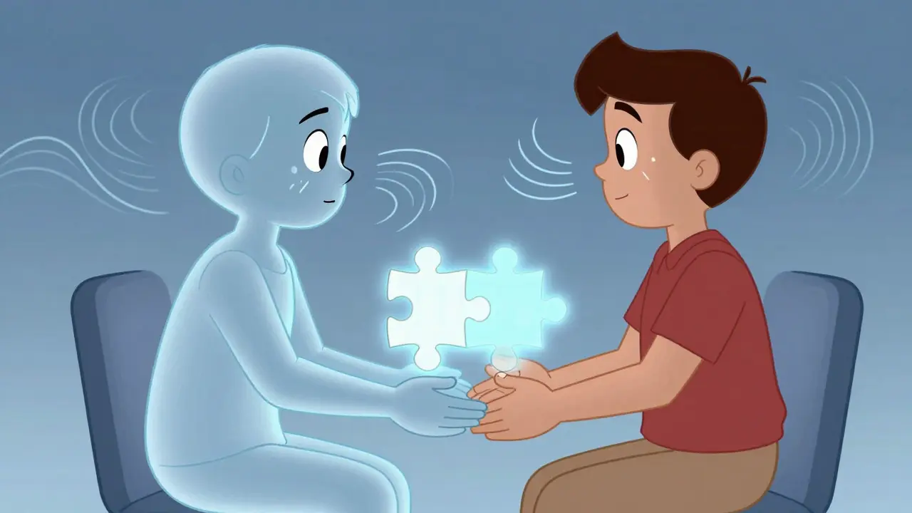 Terapeut a klient se drží za ruce, zatímco jejich těla a vzpomínky se pomalu spojují.