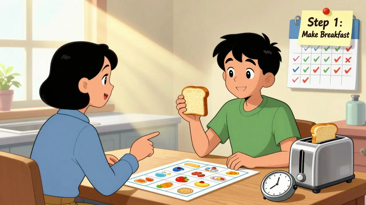 Terapeut a mladý dospělý spolu připravují snídani pomocí vizuálního plánu na kuchyňském stole.