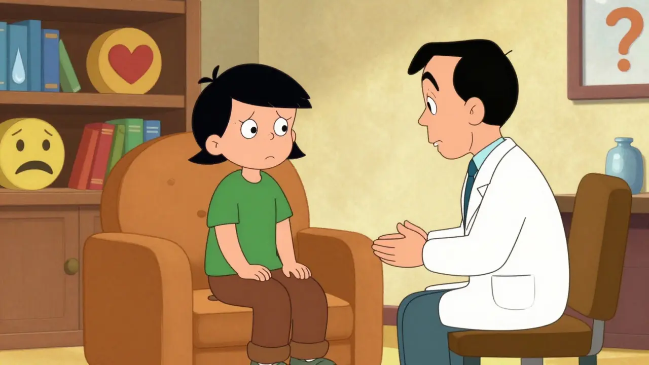 Terapeut a pacient sedí spolu v klidné kanceláři, bez slov, jen přítomnost.