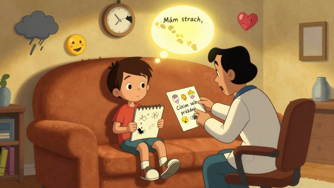 Therapist and teen on couch, emotion icons floating, sketchbook showing transition from cuts to words, warm light symbolizing hope.