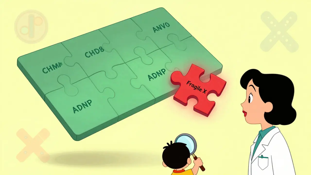 Velká skládačka s názvy genů, z nichž jeden padá, zatímco dítě zkoumá příčinu autistického spektra.