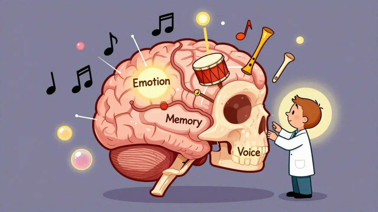 Vnitřek mozku s hudebními nástroji, které aktivují oblasti pro emoce a paměť, vedené malým terapeutem.