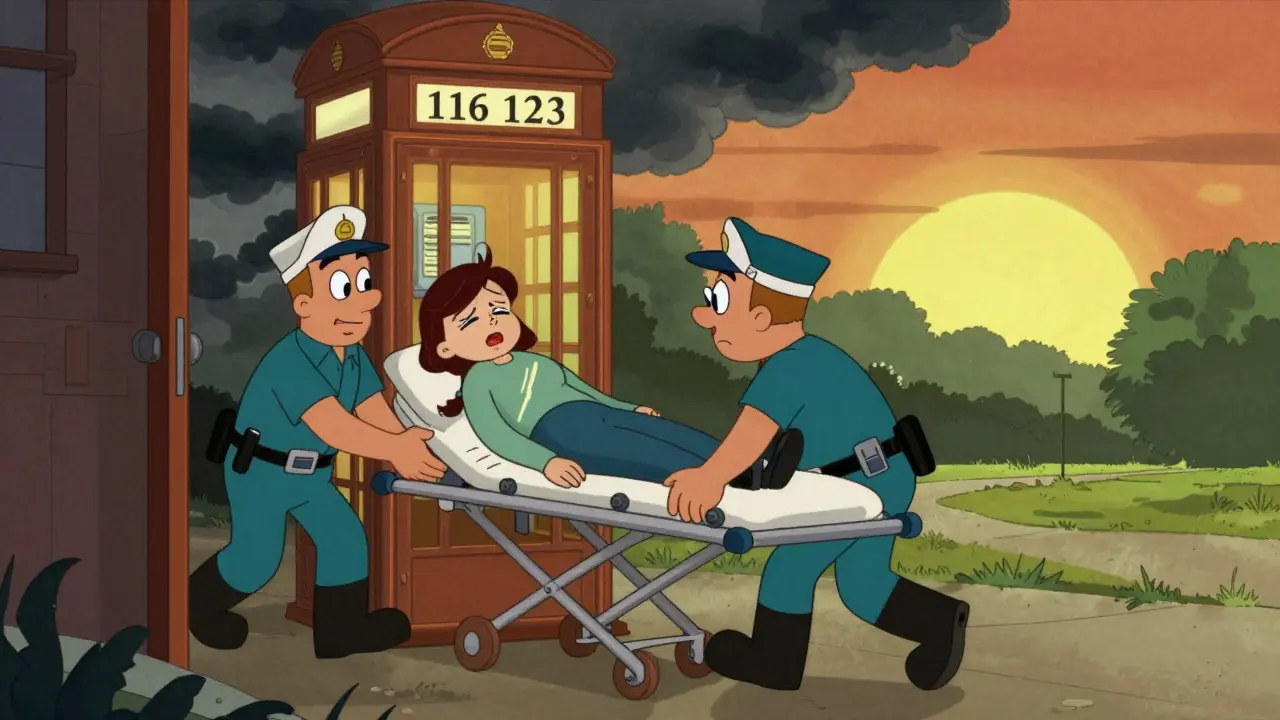 Záchranná služba přivádí člověka k krizové lince místo nemocnice, za nimi je klidný výhled.