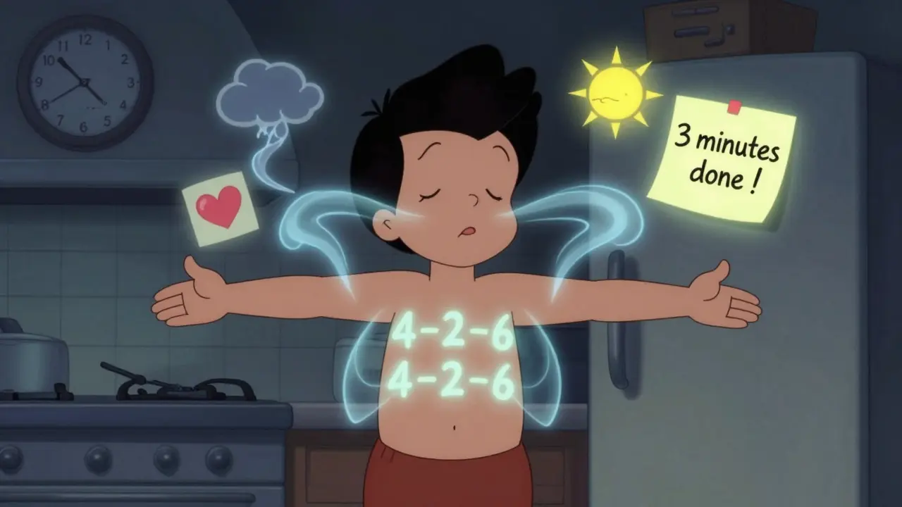 Člověk dýchá pomalu v kuchyni, vzduch kolem něj tvoří klidné vlny.