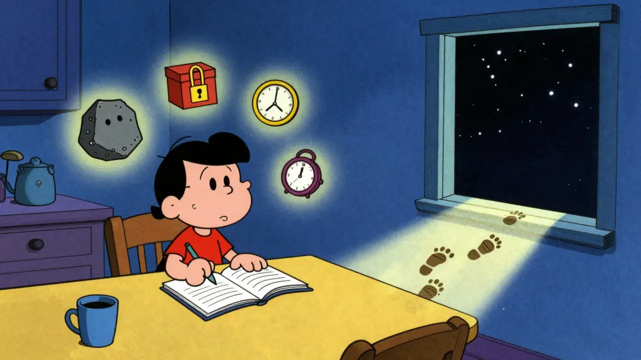 Člověk píše v notebooku v kuchyni, kolem něj plavou symboly emocí a světelná cesta ven.