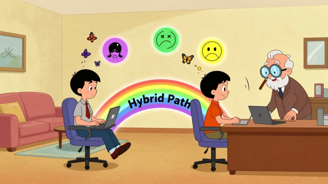 Člověk přechází mezi online a osobní terapií po duhovém mostě, symbolicky se vyměňují stresové ikony za motýly.