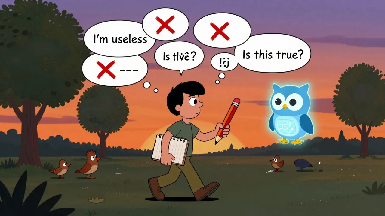 Člověk prochází parkem, negativní myšlenky jsou přeškrtnuté a nahrazené otázkami.