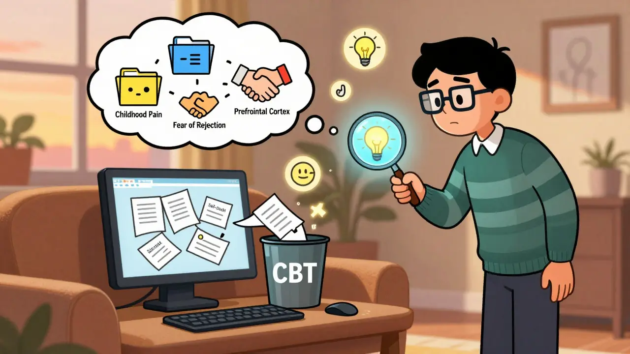 Člověk s počítačovým myšlenkovým bublou, který přepisuje negativní soubory pod vedením terapeuty.