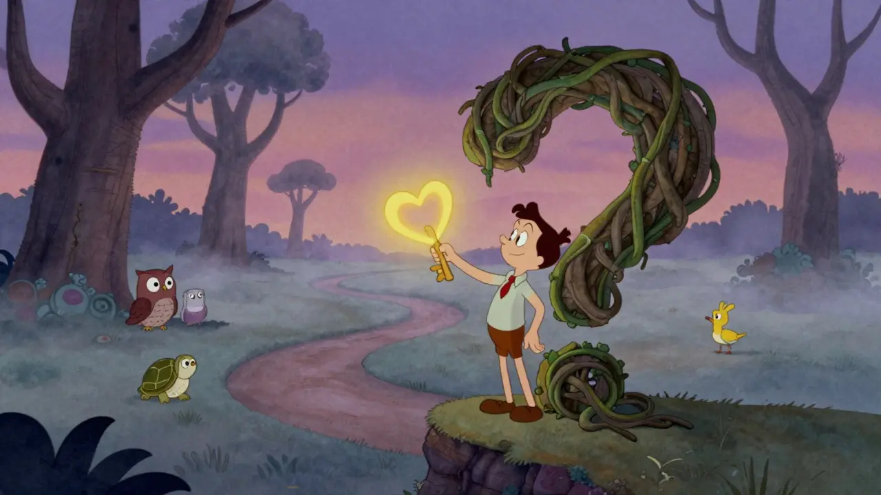 Člověk stojí na cestě před obrovským otazníkem, drží klíč ve tvaru srdce, kolem něj přátelští tvorové.