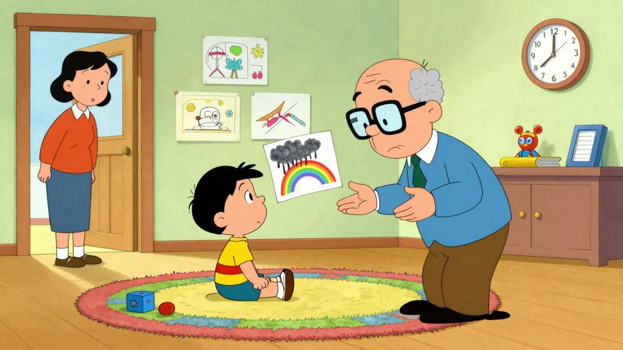 Dítě kreslí v kanceláři psychologa, který ho slyší, plně vybavené hračkami a barevnými nápadmi.