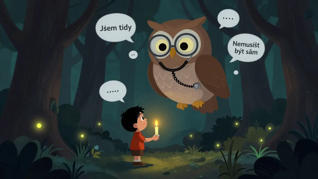 Dítě v lese s sovou, která je složená z chatových bublin a podporuje ho.