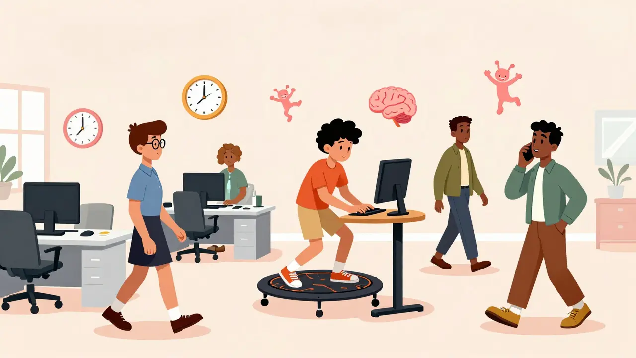 Dospělí pracují v kanceláři s pohybem – jeden chodí, druhý stojí, třetí telefonuje, všichni v klidném prostředí.