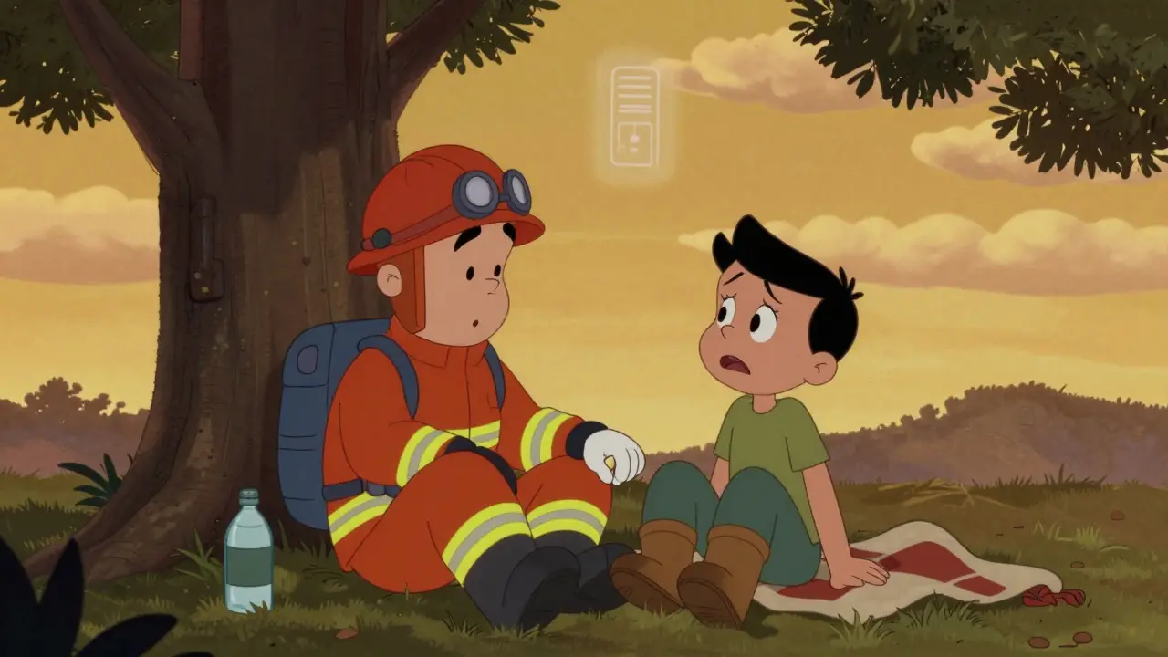 Dva lidé sedí pod stromem v soumraku, drží se za ruce, vedle nich je blanket a voda.