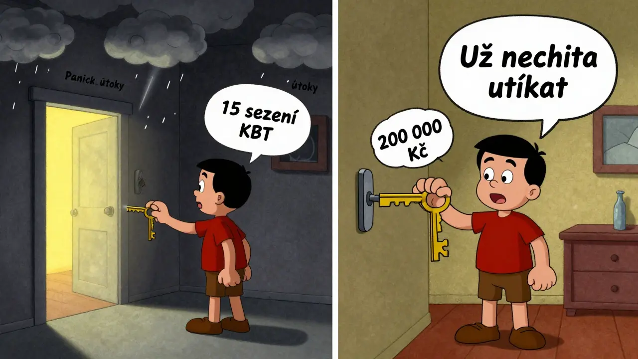 Dvě scény: jedna s člověkem, který otevírá dveře k úlevě pomocí malého klíče, druhá s tím samým člověkem, který se snaží vložit obrovský klíč.