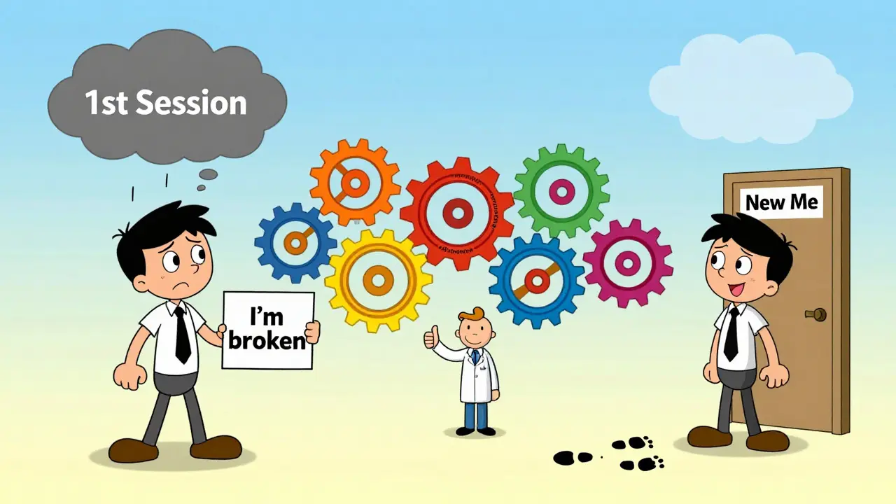 Dvě scény jednoho člověka: jeden v úzkosti, druhý s cestou k lepší verzi sebe sama.