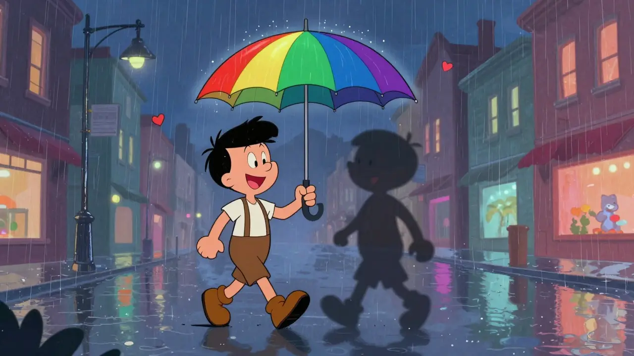 Dvojice jde pod dešťovým deštníkem, jejich stíny se slučují do jednoho tvaru.