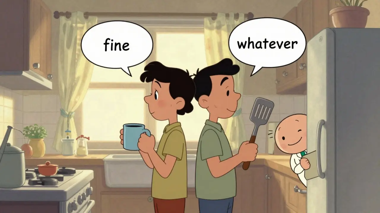 Dvojice stojí zády k sobě v kuchyni, terapeut se podívá zpět za ledničkou.