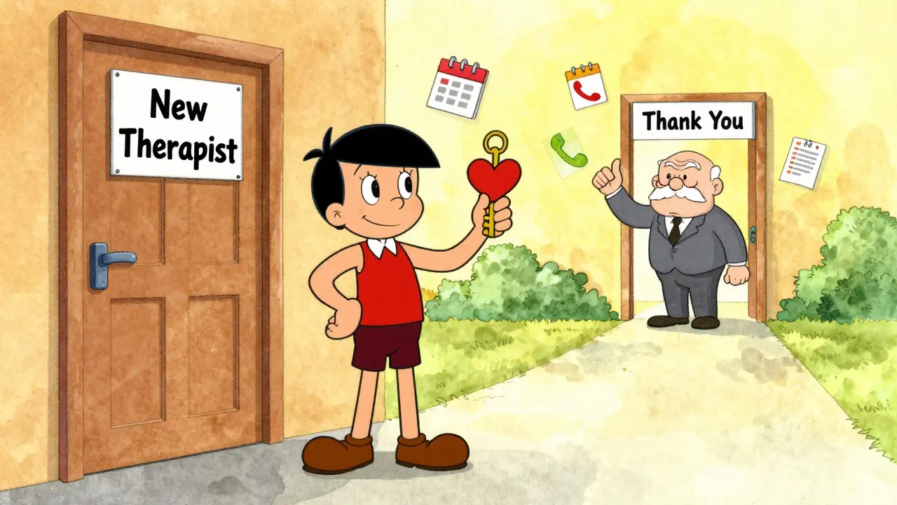 Klient drží srdcový klíč a stojí před dveřmi 'Nový terapeut', zatímco bývalý terapeut vzdává pochvalu.