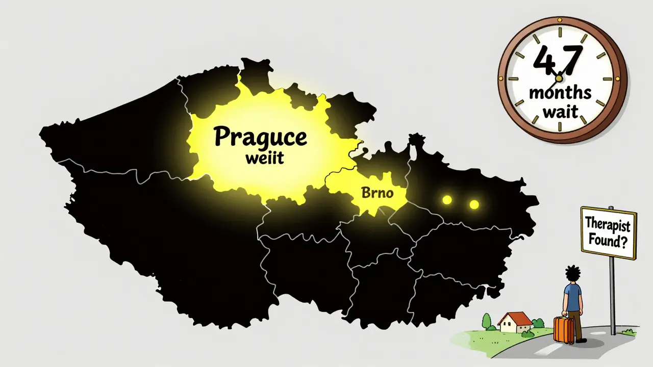 Mapa ČR s rozložením terapeutů: Praha je jasná, venkov temný, čekající osoba.