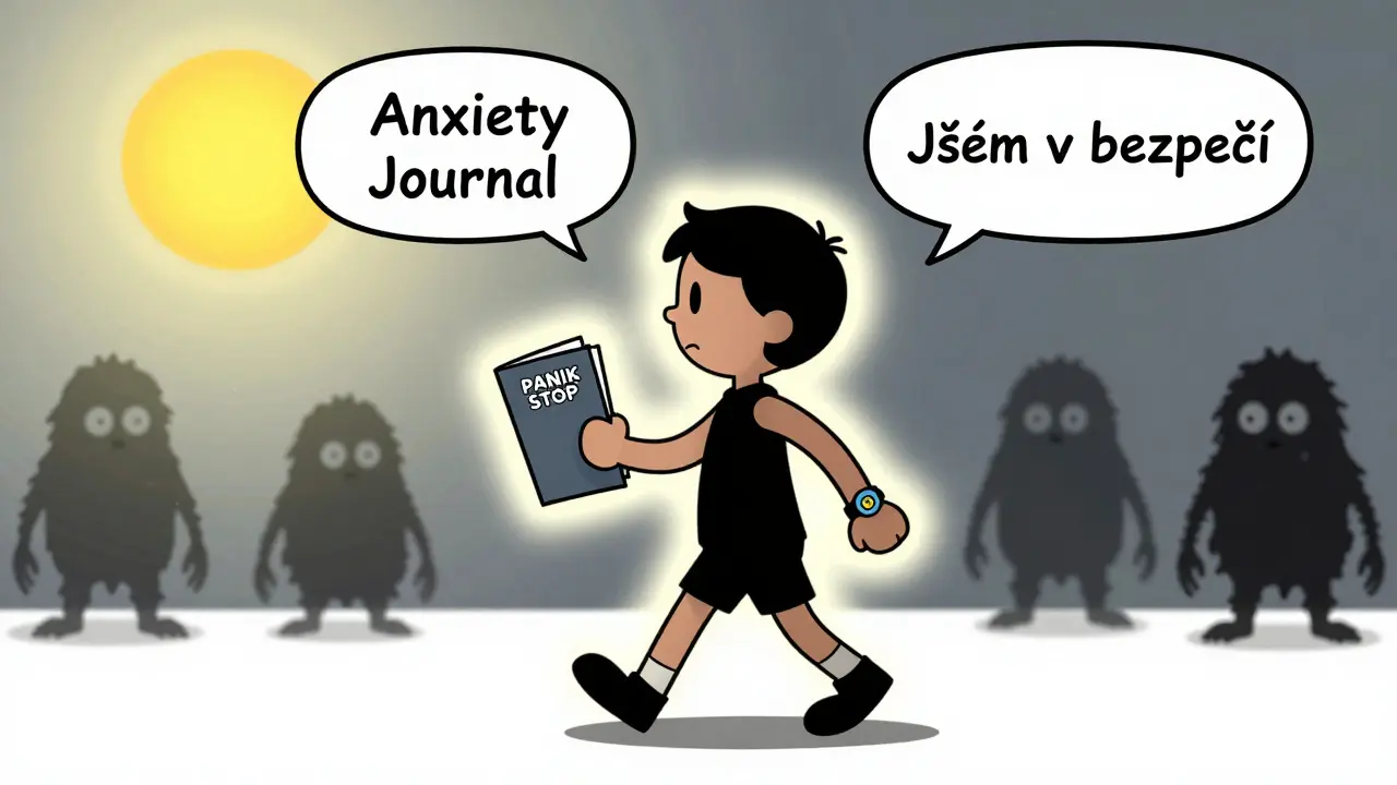 Muž kráčí na slunci s deníkem, stíny úzkosti se rozplynou, na zápěstí má aplikaci PANIK STOP.