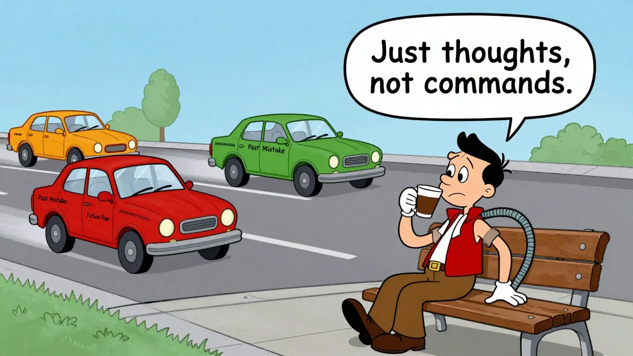 Muž sedí na chodníku a sleduje auta s nápisem ruminací, která projíždějí kolem.