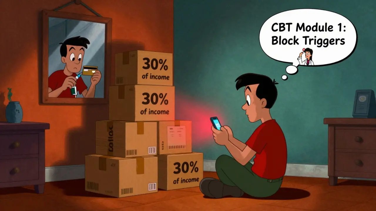 Muž sedí v temné místnosti s telefonem a hromadou neotevřených balíků, v karikaturistickém stylu.